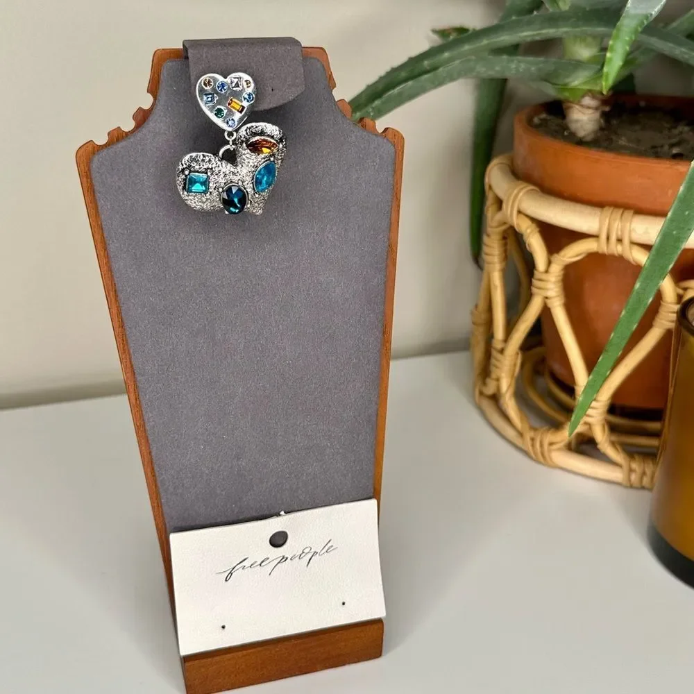 Free People My Everything Dangles Earrings Blue Gem Silver Hammered Metal Heart - Picture 8 of 9